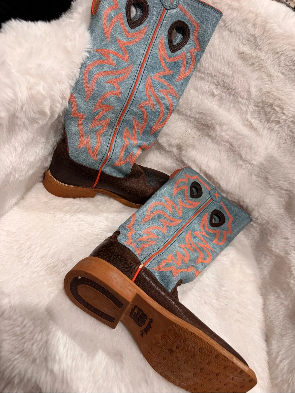 Twisted X Brown Leather Western Boots with Turquoise and Orange Shaft
